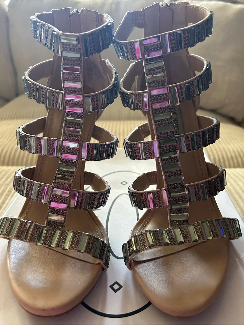 Steve Madden Nude Strappy Heeled Sandals with Iridescent Beading